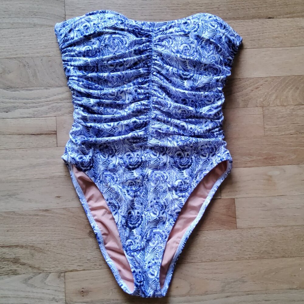 NWOT J. Crew Blue White Ruched Swimsuit Sweetheart neckline One Piece Size S
